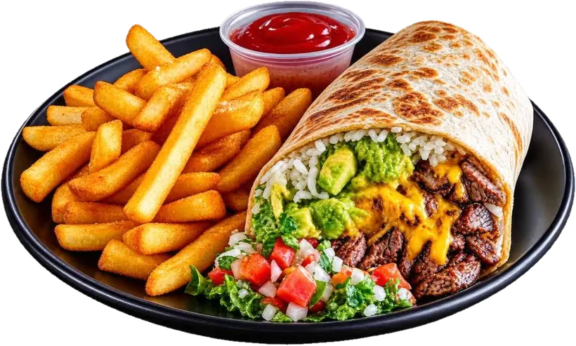 Burrito abierto con arroz, frijoles, guacamole y papas