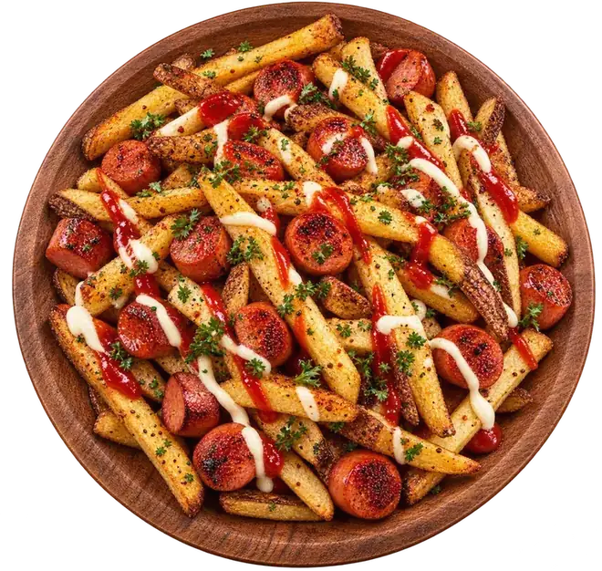 Salchipapas: papas a la francesa con salchicha, crema y salsa