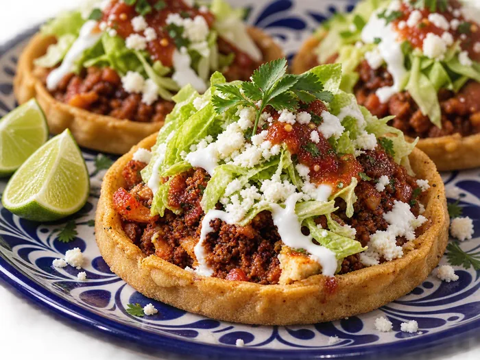 Sopes con carne, lechuga, crema, queso y salsa